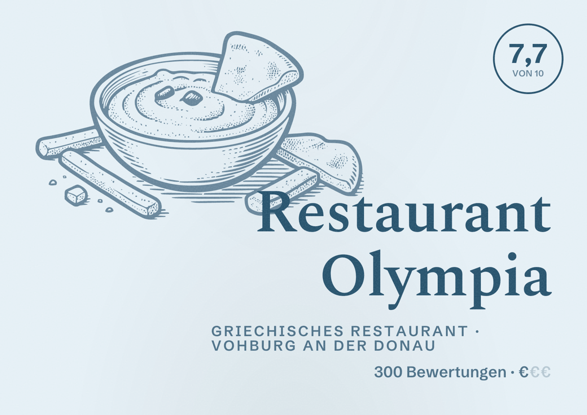 Illustriertes Poster von Restaurant Olympia, Griechisches Restaurant in Vohburg an der Donau: Bewertung 7,7 von 10 aus 300 Bewertungen, Preisniveau €
