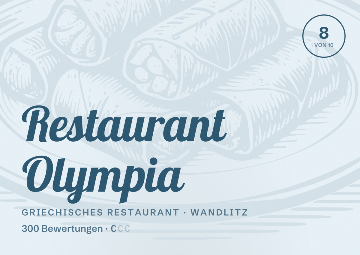 Illustriertes Poster von Restaurant Olympia, Griechisches Restaurant in Wandlitz: Bewertung 8 von 10 aus 300 Bewertungen, Preisniveau €