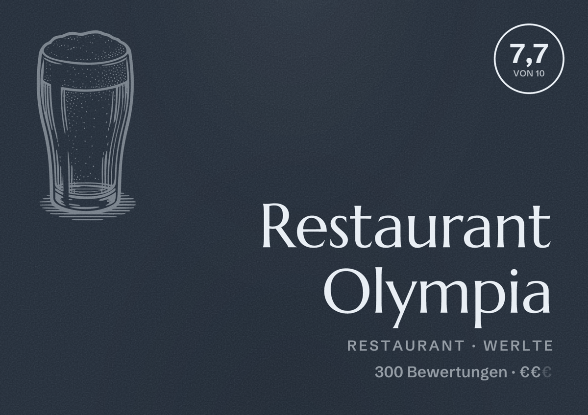 Illustriertes Poster von Restaurant Olympia, Restaurant in Werlte: Bewertung 7,7 von 10 aus 300 Bewertungen, Preisniveau €€