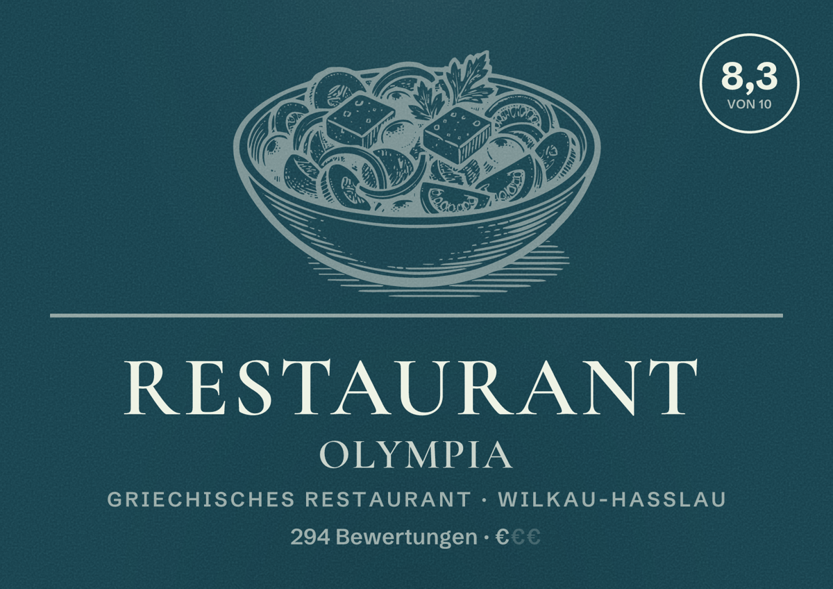 Illustriertes Poster von Restaurant Olympia, Griechisches Restaurant in Wilkau-Haßlau: Bewertung 8,3 von 10 aus 294 Bewertungen, Preisniveau €