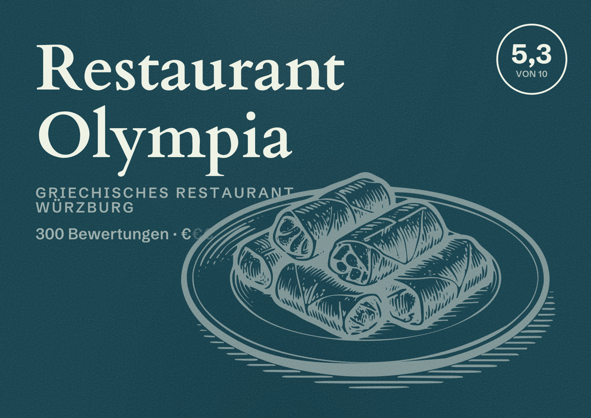 Illustriertes Poster von Restaurant Olympia, Griechisches Restaurant in Würzburg: Bewertung 5,3 von 10 aus 300 Bewertungen, Preisniveau €
