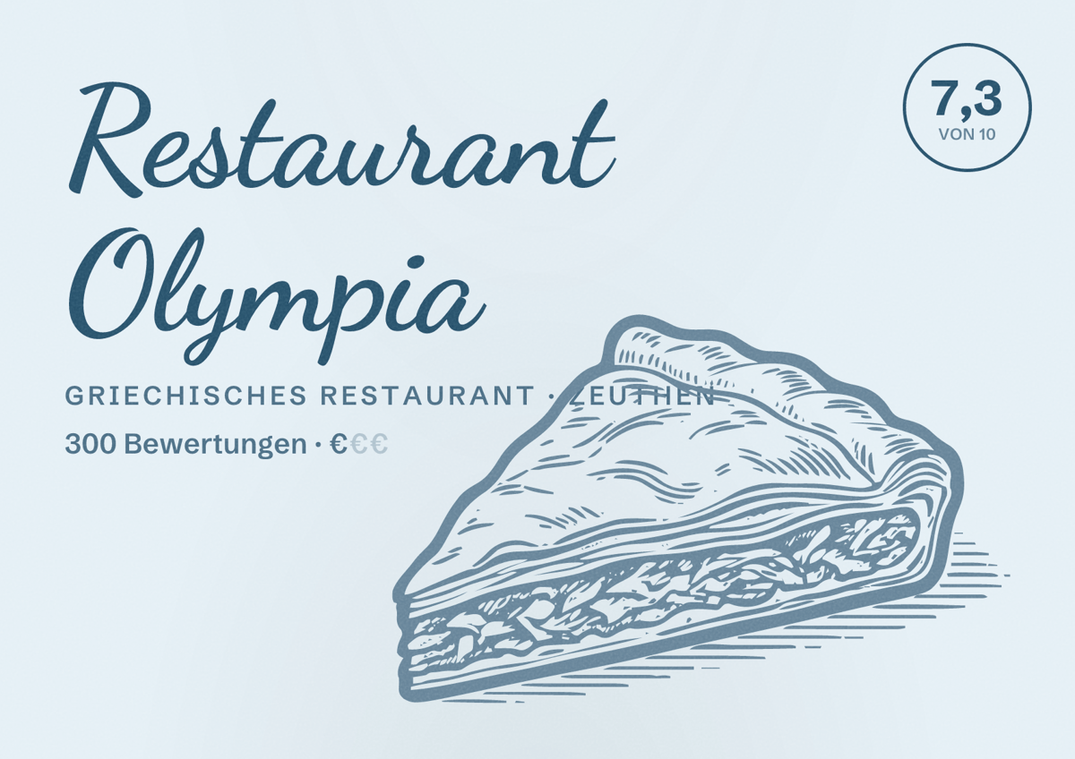 Illustriertes Poster von Restaurant Olympia, Griechisches Restaurant in Zeuthen: Bewertung 7,3 von 10 aus 300 Bewertungen, Preisniveau €