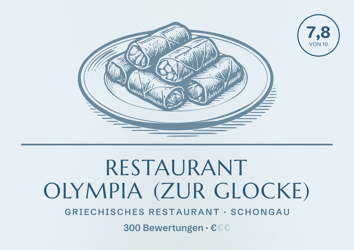 Illustriertes Poster von Restaurant Olympia (Zur Glocke), Griechisches Restaurant in Schongau: Bewertung 7,8 von 10 aus 300 Bewertungen, Preisniveau €