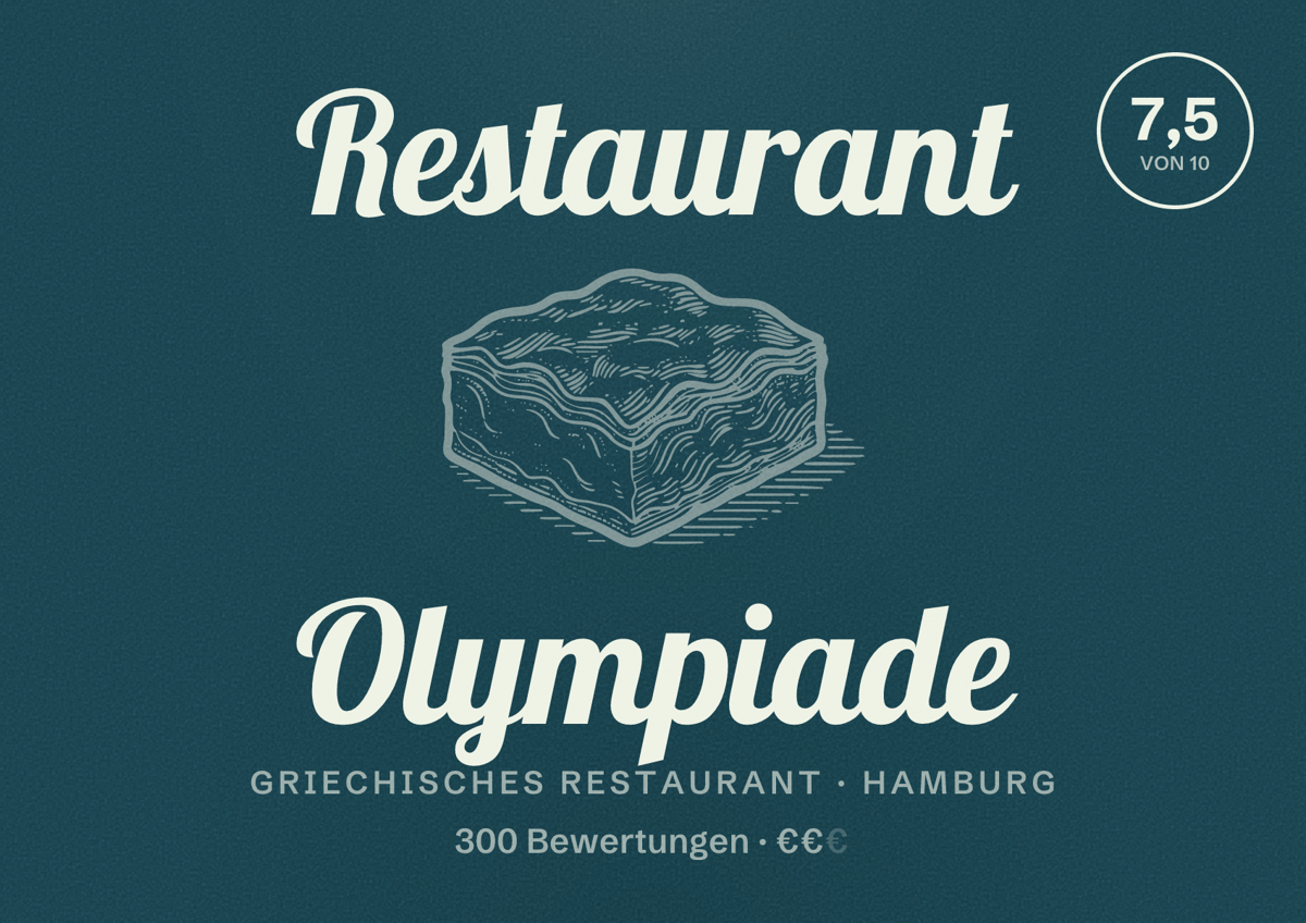 Illustriertes Poster von Restaurant Olympiade, Griechisches Restaurant in Hamburg: Bewertung 7,5 von 10 aus 300 Bewertungen, Preisniveau €€