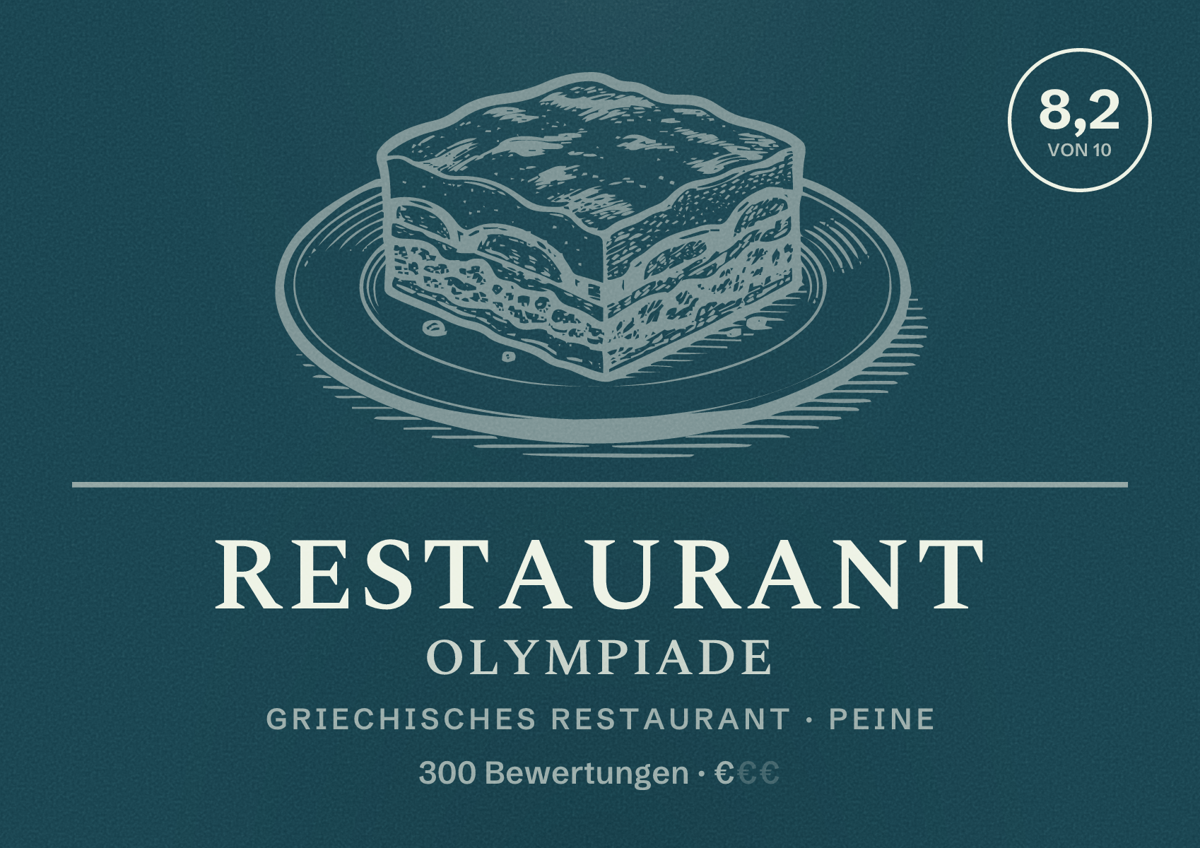Illustriertes Poster von Restaurant Olympiade, Griechisches Restaurant in Peine: Bewertung 8,2 von 10 aus 300 Bewertungen, Preisniveau €