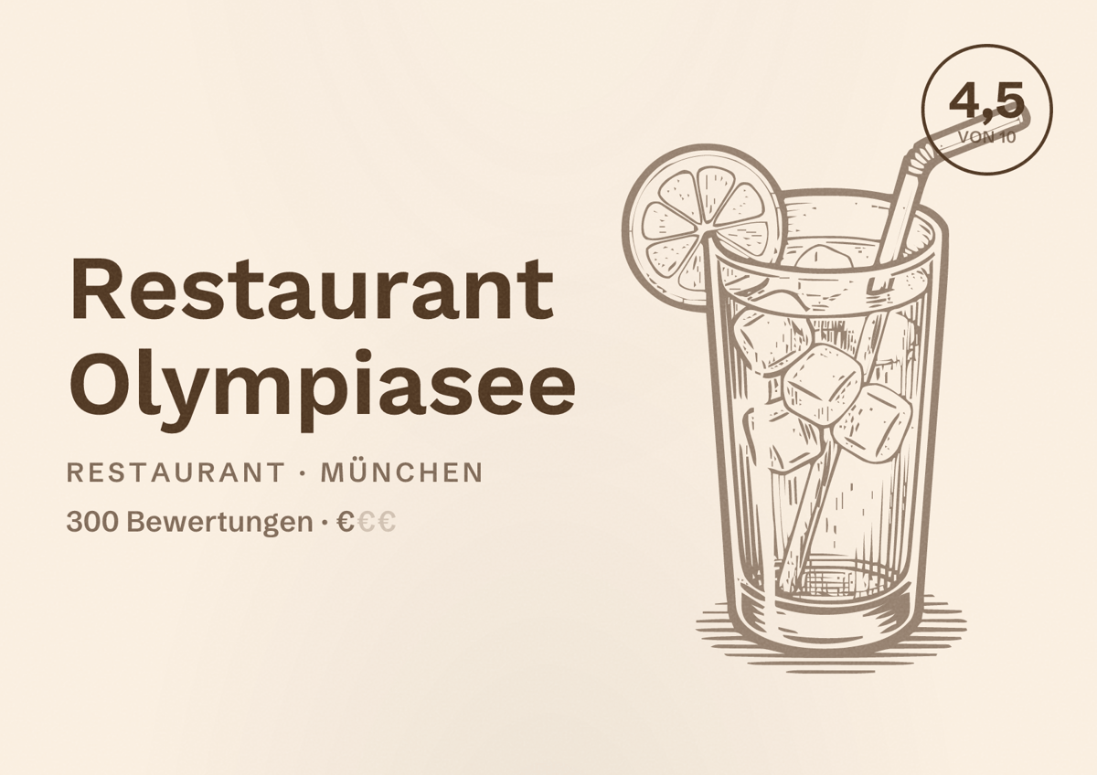 Illustriertes Poster von Restaurant Olympiasee, Restaurant in München: Bewertung 4,5 von 10 aus 300 Bewertungen, Preisniveau €