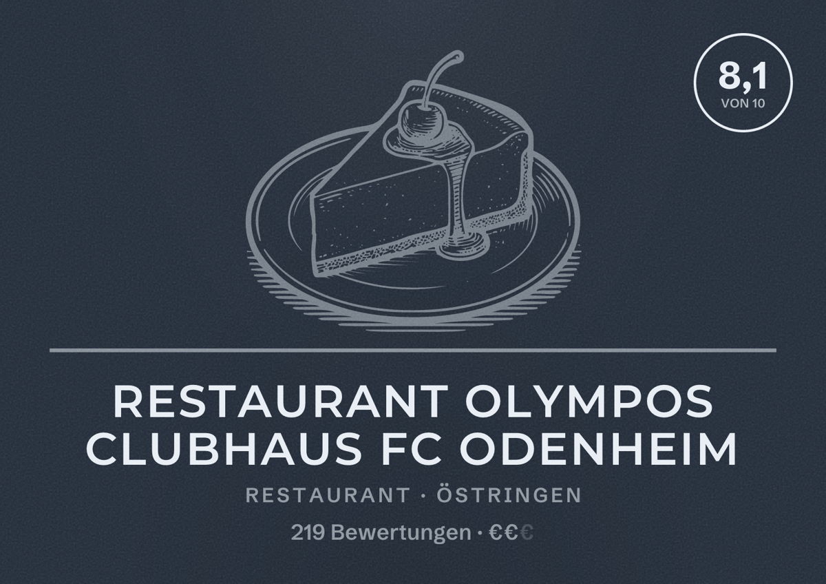 Illustriertes Poster von Restaurant Olympos Clubhaus FC Odenheim, Restaurant in Östringen: Bewertung 8,1 von 10 aus 219 Bewertungen, Preisniveau €€