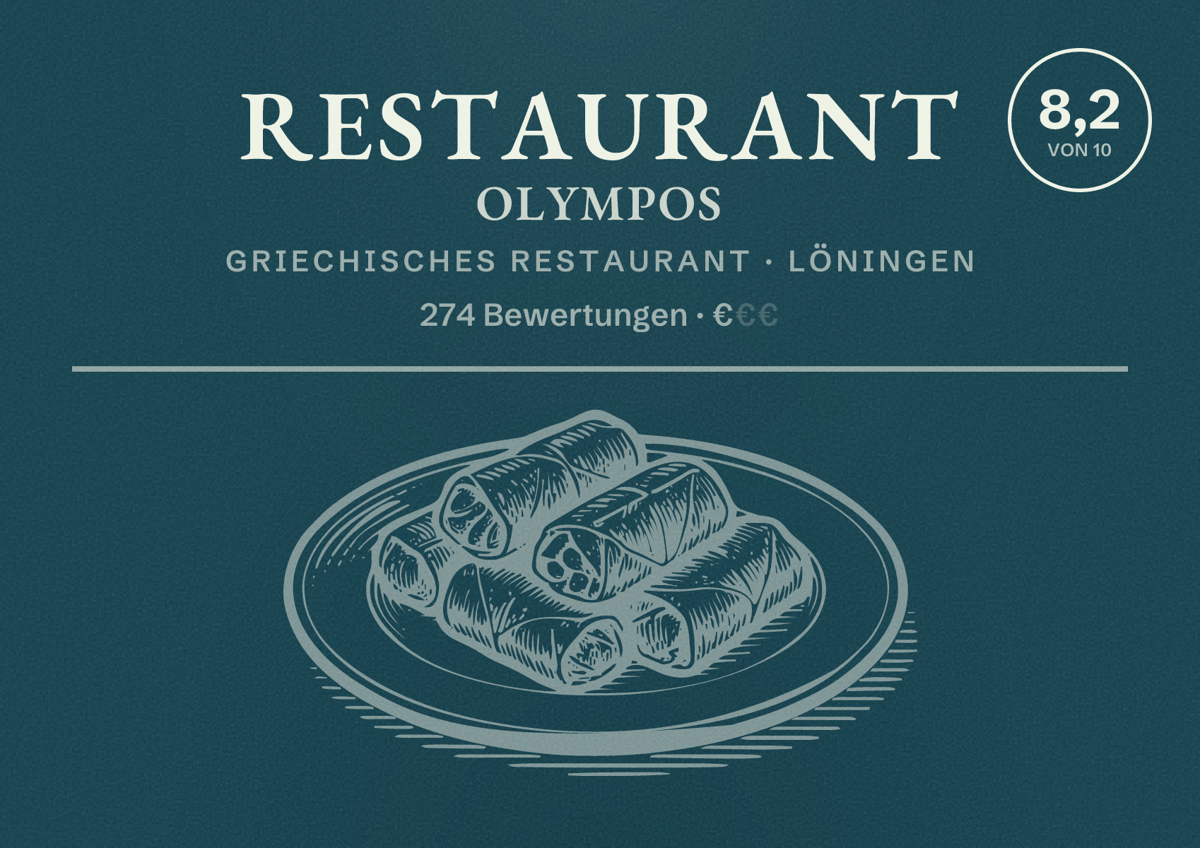 Illustriertes Poster von Restaurant Olympos, Griechisches Restaurant in Löningen: Bewertung 8,2 von 10 aus 274 Bewertungen, Preisniveau €