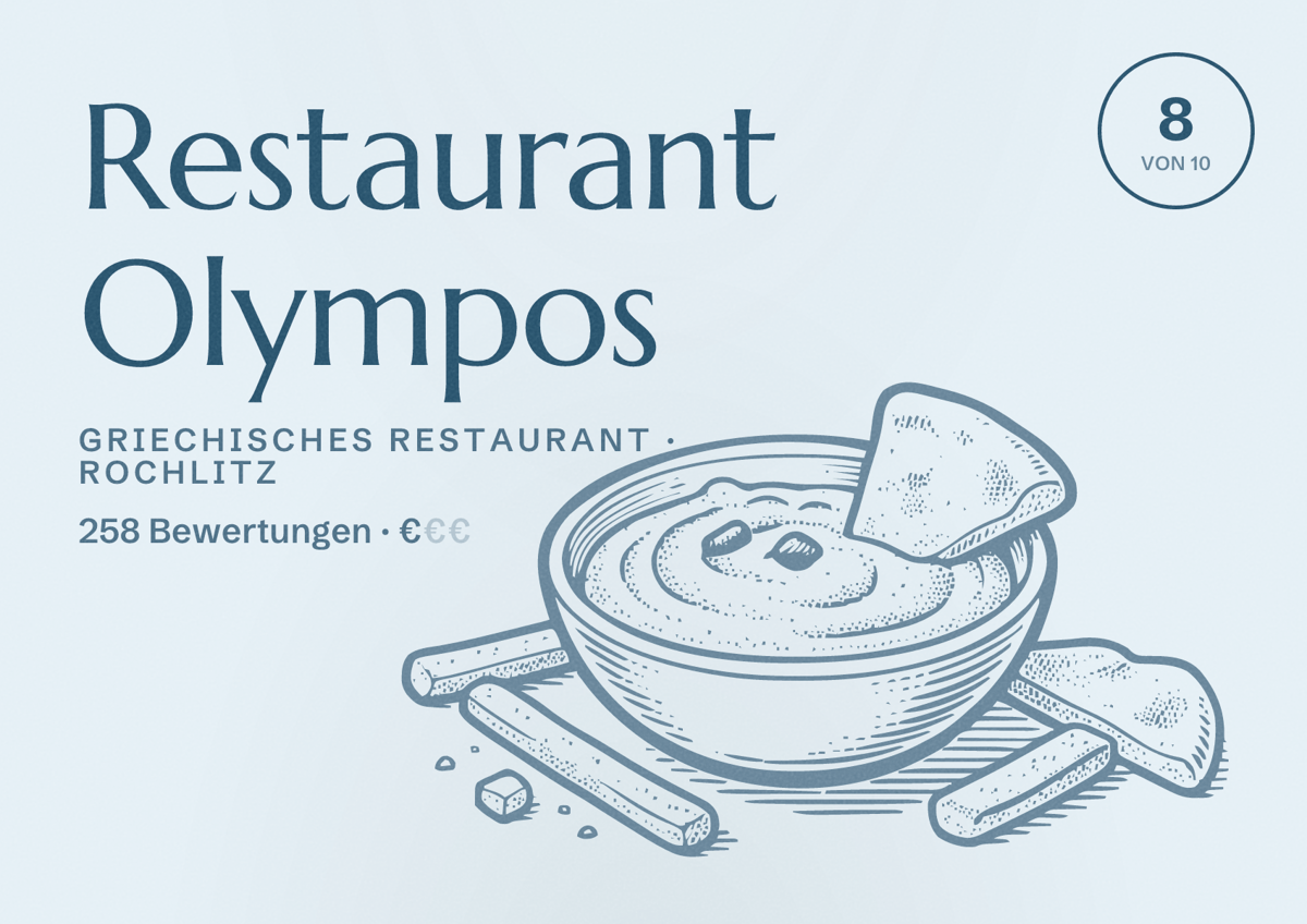 Illustriertes Poster von Restaurant Olympos, Griechisches Restaurant in Rochlitz: Bewertung 8 von 10 aus 258 Bewertungen, Preisniveau €