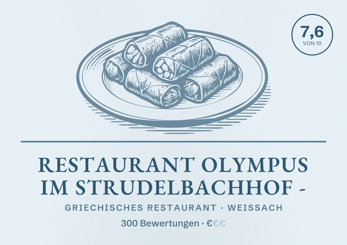 Illustriertes Poster von Restaurant OLYMPUS im Strudelbachhof -, Griechisches Restaurant in Weissach: Bewertung 7,6 von 10 aus 300 Bewertungen, Preisniveau €