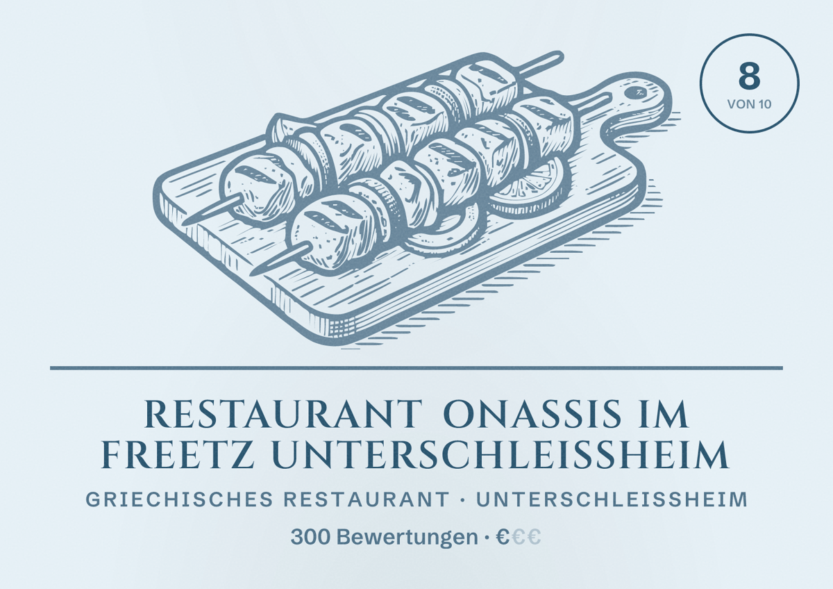 Illustriertes Poster von Restaurant Onassis im Freetz Unterschleissheim, Griechisches Restaurant in Unterschleißheim: Bewertung 8 von 10 aus 300 Bewertungen, Preisniveau €