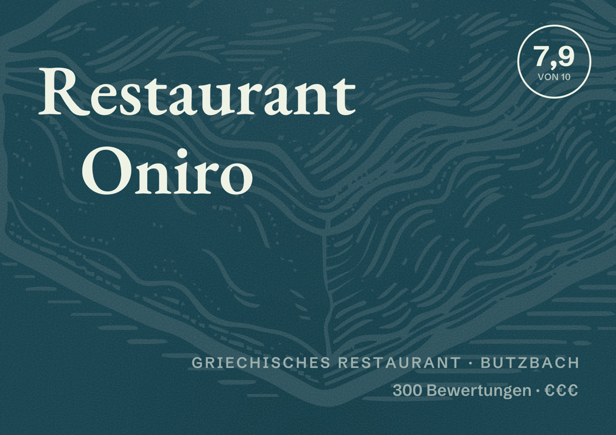 Illustriertes Poster von Restaurant Oniro, Griechisches Restaurant in Butzbach: Bewertung 7,9 von 10 aus 300 Bewertungen, Preisniveau €€€