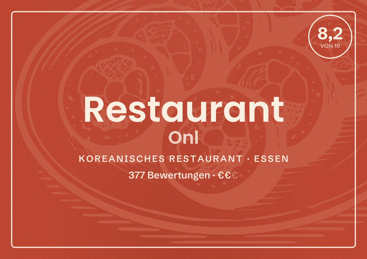 Illustriertes Poster von Restaurant Onl, Koreanisches Restaurant in Essen: Bewertung 8,2 von 10 aus 377 Bewertungen, Preisniveau €€