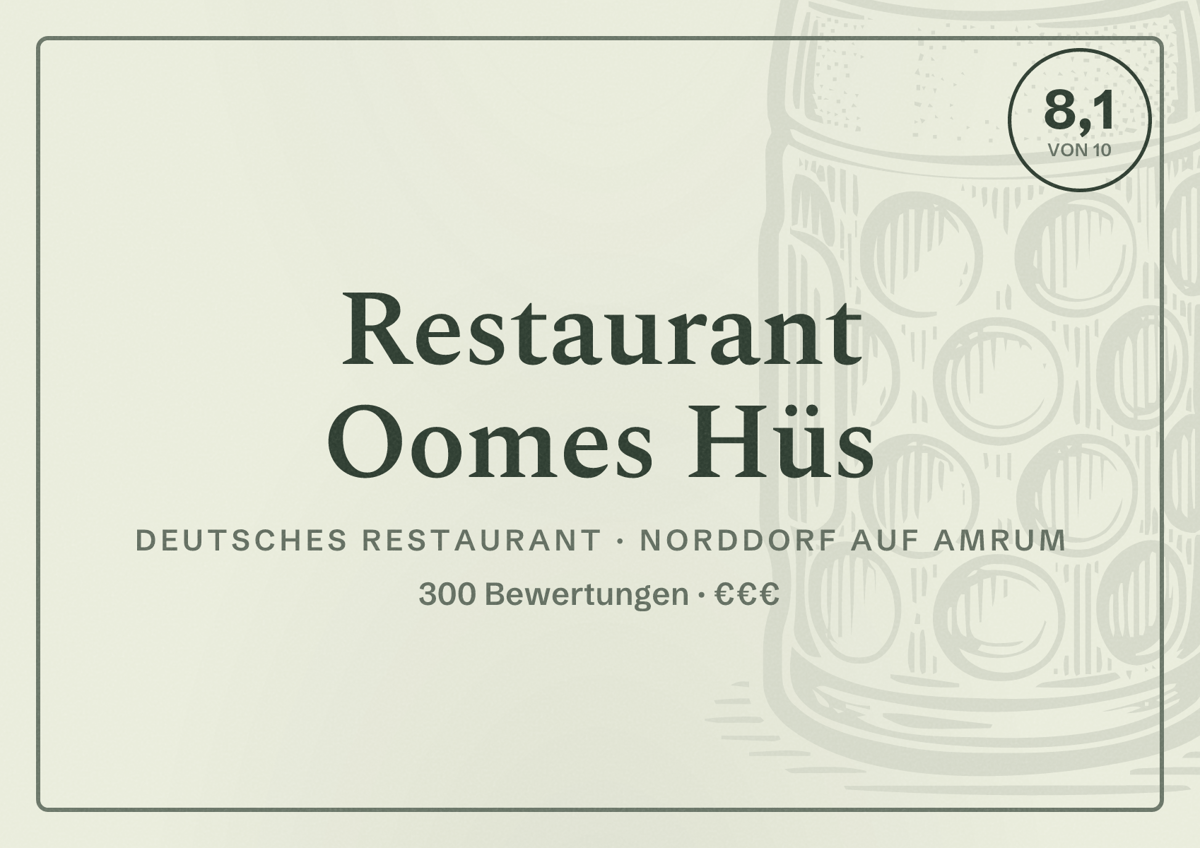 Illustriertes Poster von Restaurant Oomes Hüs, Deutsches Restaurant in Norddorf auf Amrum: Bewertung 8,1 von 10 aus 300 Bewertungen, Preisniveau €€€