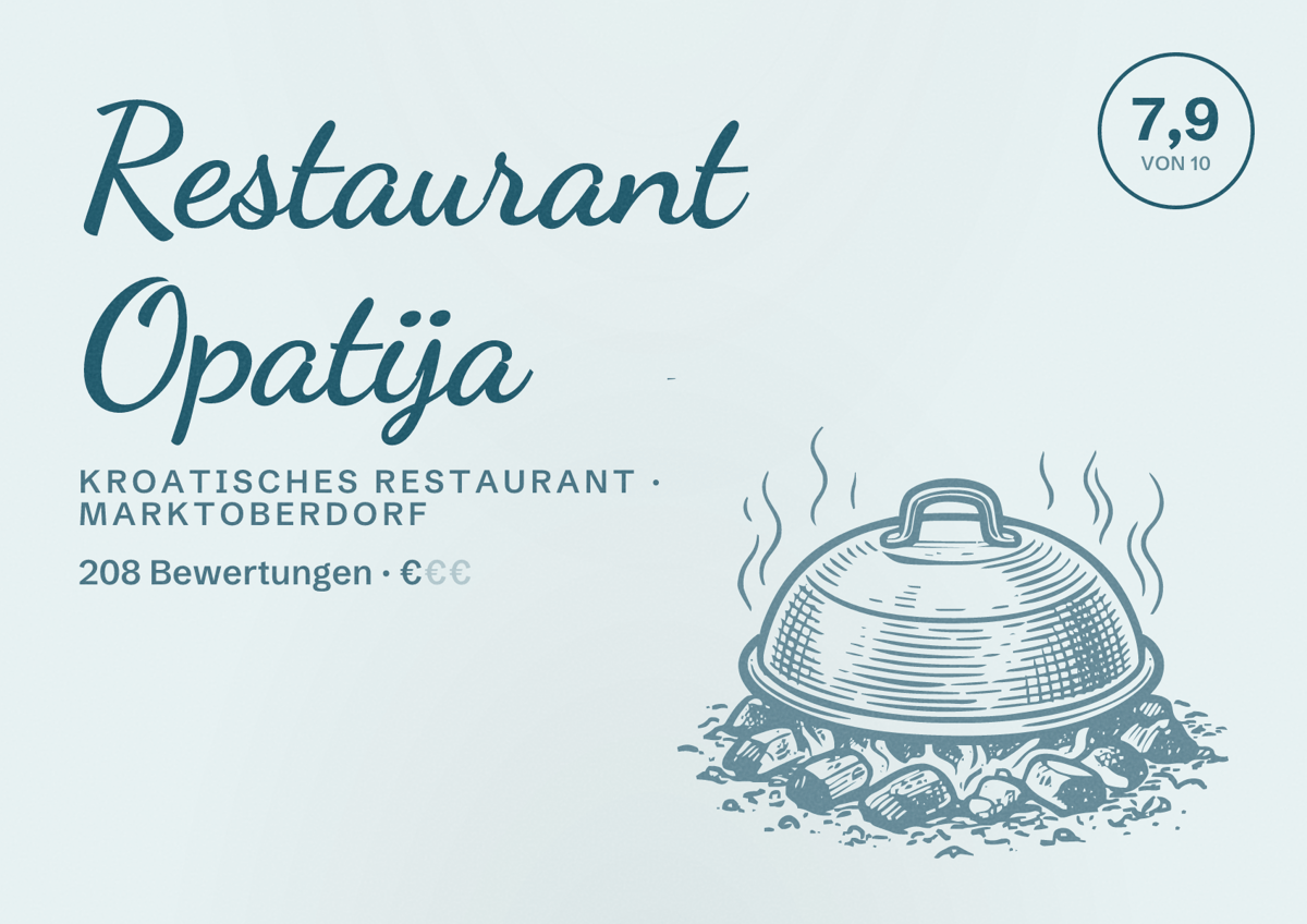 Illustriertes Poster von Restaurant Opatija, Kroatisches Restaurant in Marktoberdorf: Bewertung 7,9 von 10 aus 208 Bewertungen, Preisniveau €