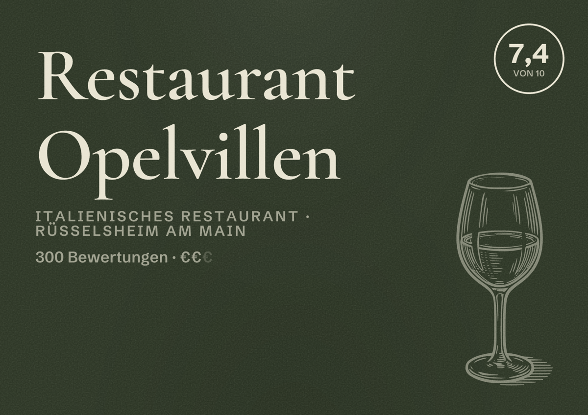 Illustriertes Poster von Restaurant Opelvillen, Italienisches Restaurant in Rüsselsheim am Main: Bewertung 7,4 von 10 aus 300 Bewertungen, Preisniveau €€
