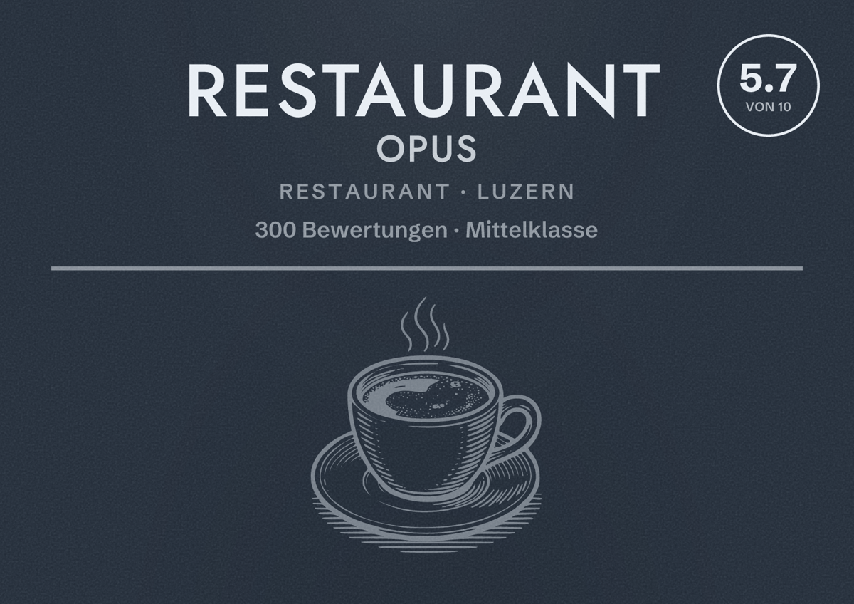 Illustriertes Poster von Restaurant Opus, Restaurant in Luzern: Bewertung 5.7 von 10 aus 300 Bewertungen, Preisniveau Mittelklasse