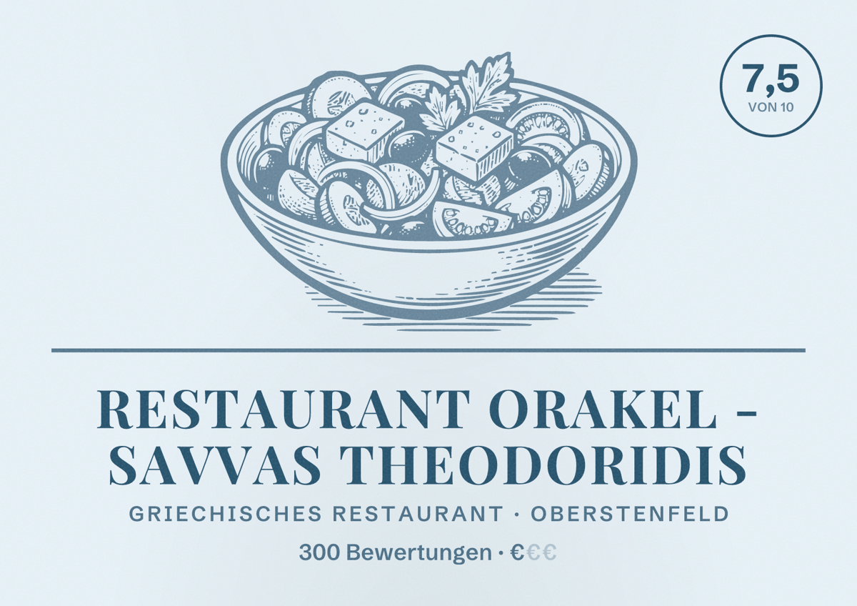 Illustriertes Poster von Restaurant Orakel - Savvas Theodoridis, Griechisches Restaurant in Oberstenfeld: Bewertung 7,5 von 10 aus 300 Bewertungen, Preisniveau €