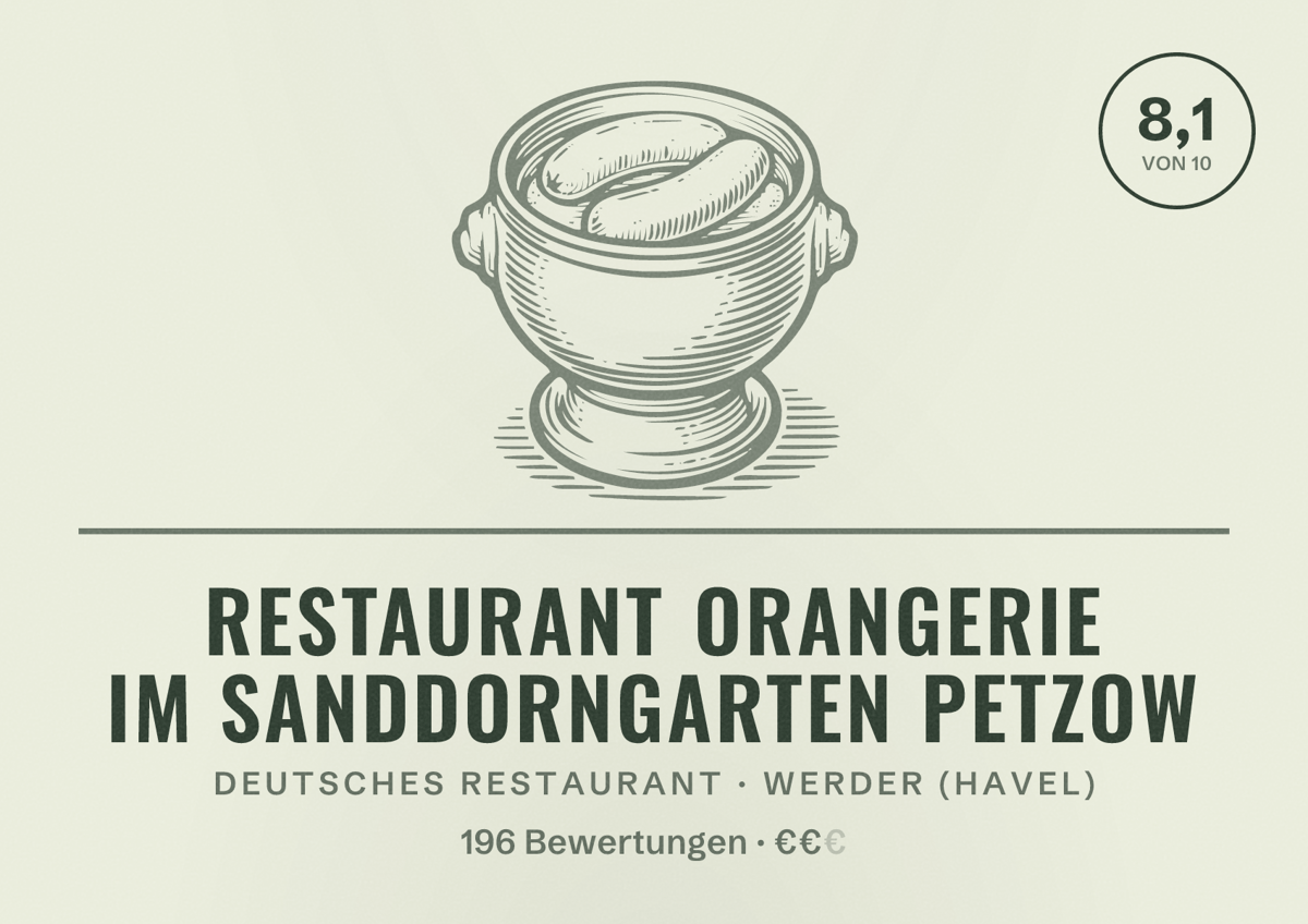Illustriertes Poster von Restaurant Orangerie im Sanddorngarten Petzow, Deutsches Restaurant in Werder (Havel): Bewertung 8,1 von 10 aus 196 Bewertungen, Preisniveau €€