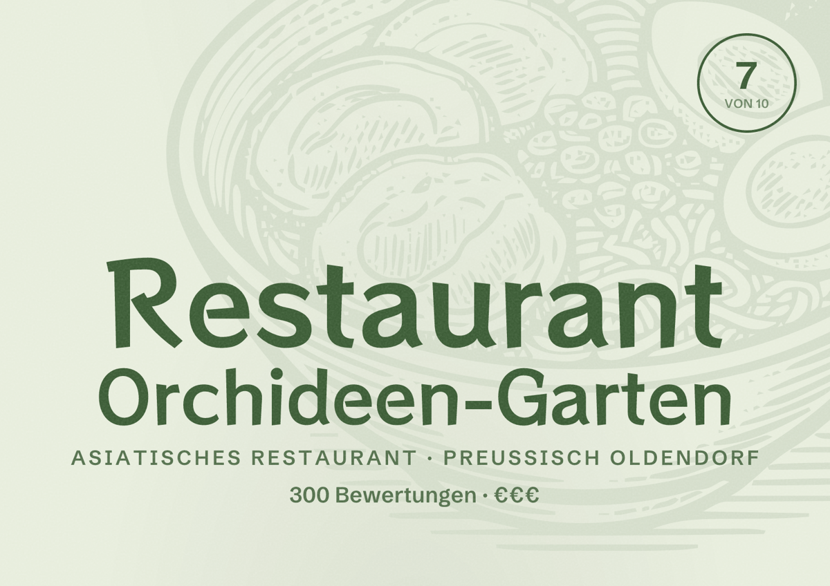 Illustriertes Poster von Restaurant Orchideen-Garten, Asiatisches Restaurant in Preußisch Oldendorf: Bewertung 7 von 10 aus 300 Bewertungen, Preisniveau €€€