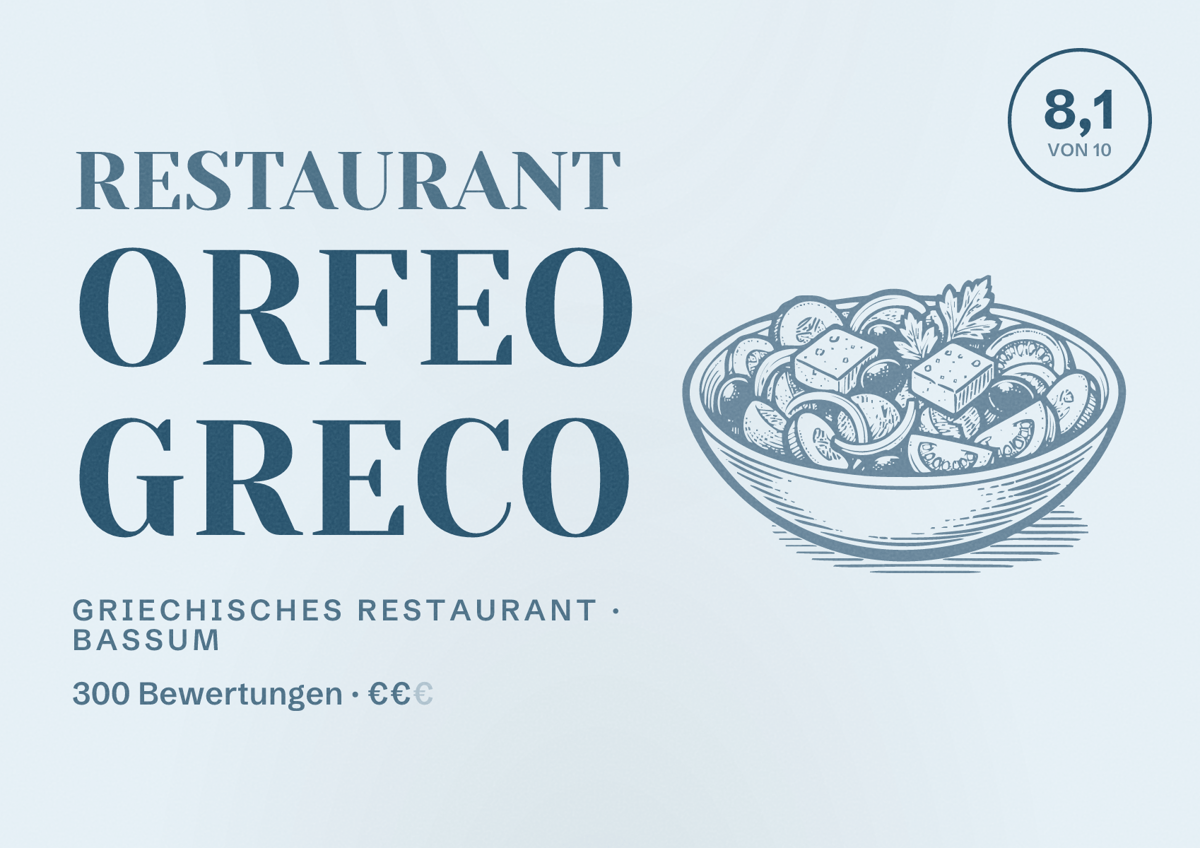 Illustriertes Poster von Restaurant Orfeo Greco, Griechisches Restaurant in Bassum: Bewertung 8,1 von 10 aus 300 Bewertungen, Preisniveau €€