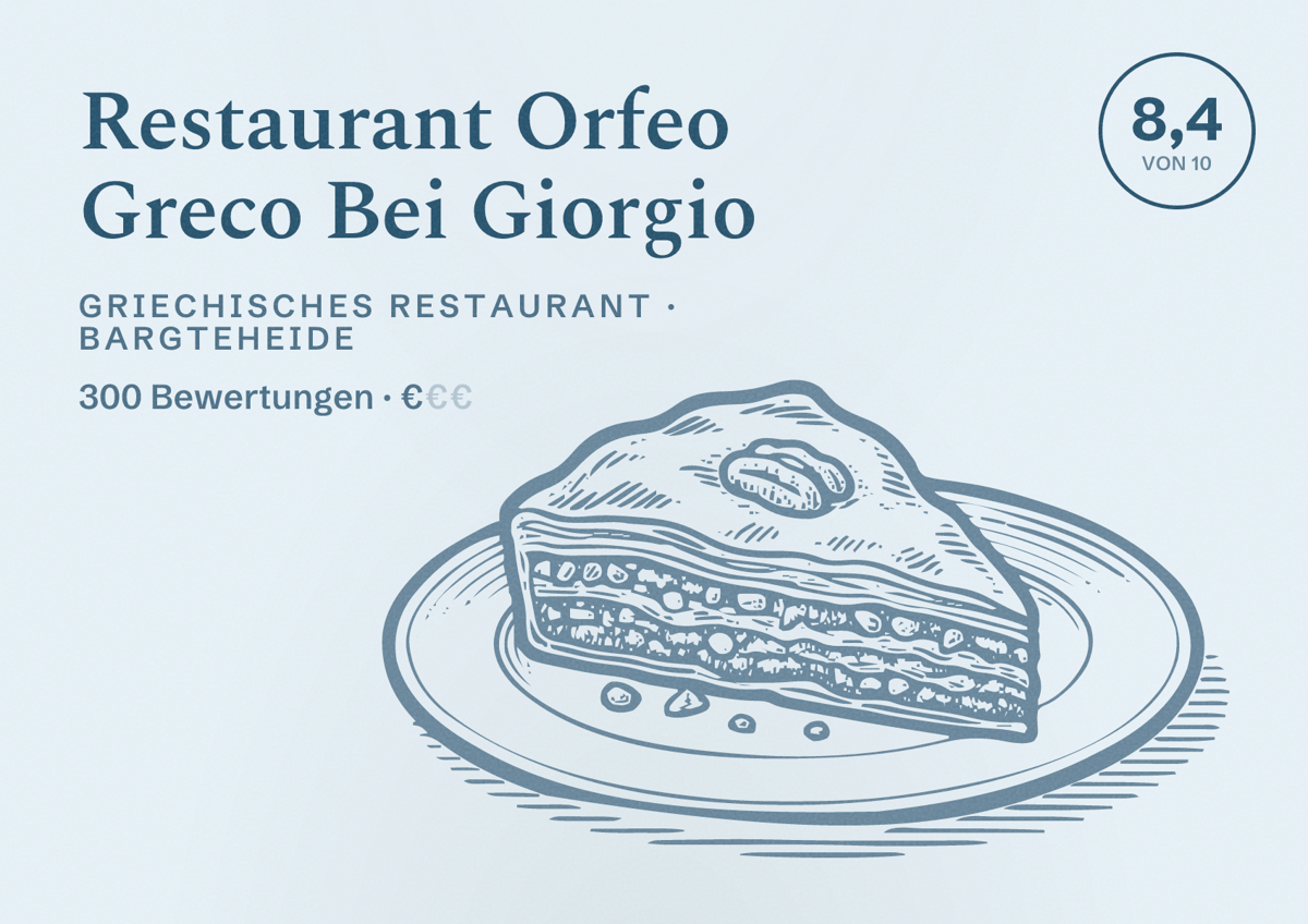 Illustriertes Poster von Restaurant Orfeo Greco Bei Giorgio, Griechisches Restaurant in Bargteheide: Bewertung 8,4 von 10 aus 300 Bewertungen, Preisniveau €