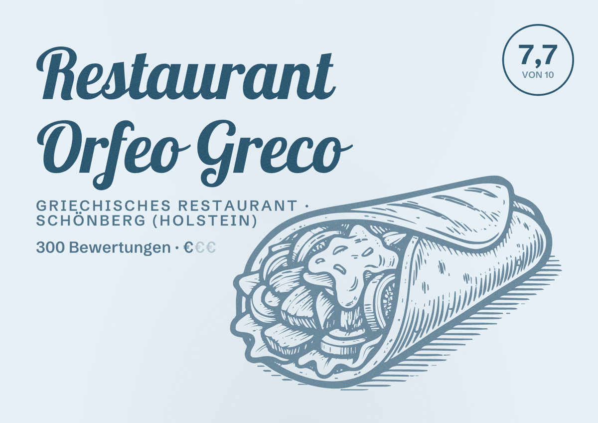Illustriertes Poster von Restaurant Orfeo Greco, Griechisches Restaurant in Schönberg (Holstein): Bewertung 7,7 von 10 aus 300 Bewertungen, Preisniveau €