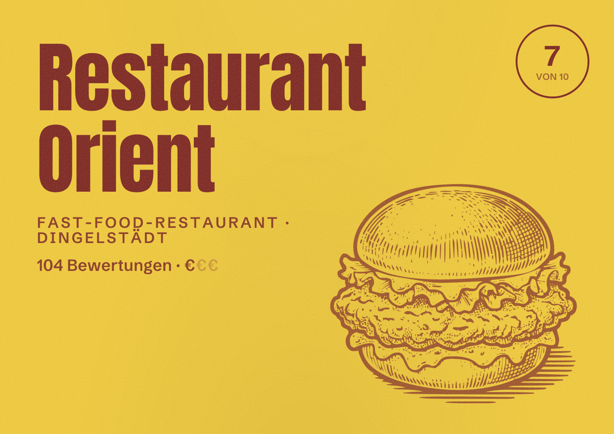 Illustriertes Poster von Restaurant Orient, Fast-Food-Restaurant in Dingelstädt: Bewertung 7 von 10 aus 104 Bewertungen, Preisniveau €