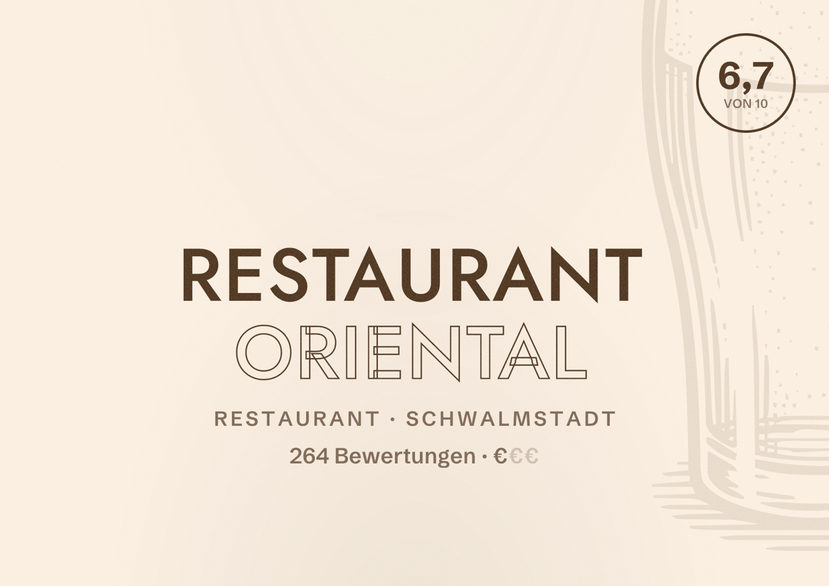 Illustriertes Poster von Restaurant Oriental, Restaurant in Schwalmstadt: Bewertung 6,7 von 10 aus 264 Bewertungen, Preisniveau €