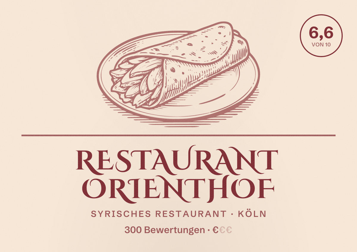 Illustriertes Poster von Restaurant Orienthof, Syrisches Restaurant in Köln: Bewertung 6,6 von 10 aus 300 Bewertungen, Preisniveau €