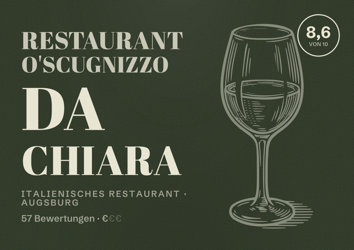 Illustriertes Poster von Restaurant O'scugnizzo da Chiara, Italienisches Restaurant in Augsburg: Bewertung 8,6 von 10 aus 57 Bewertungen, Preisniveau €