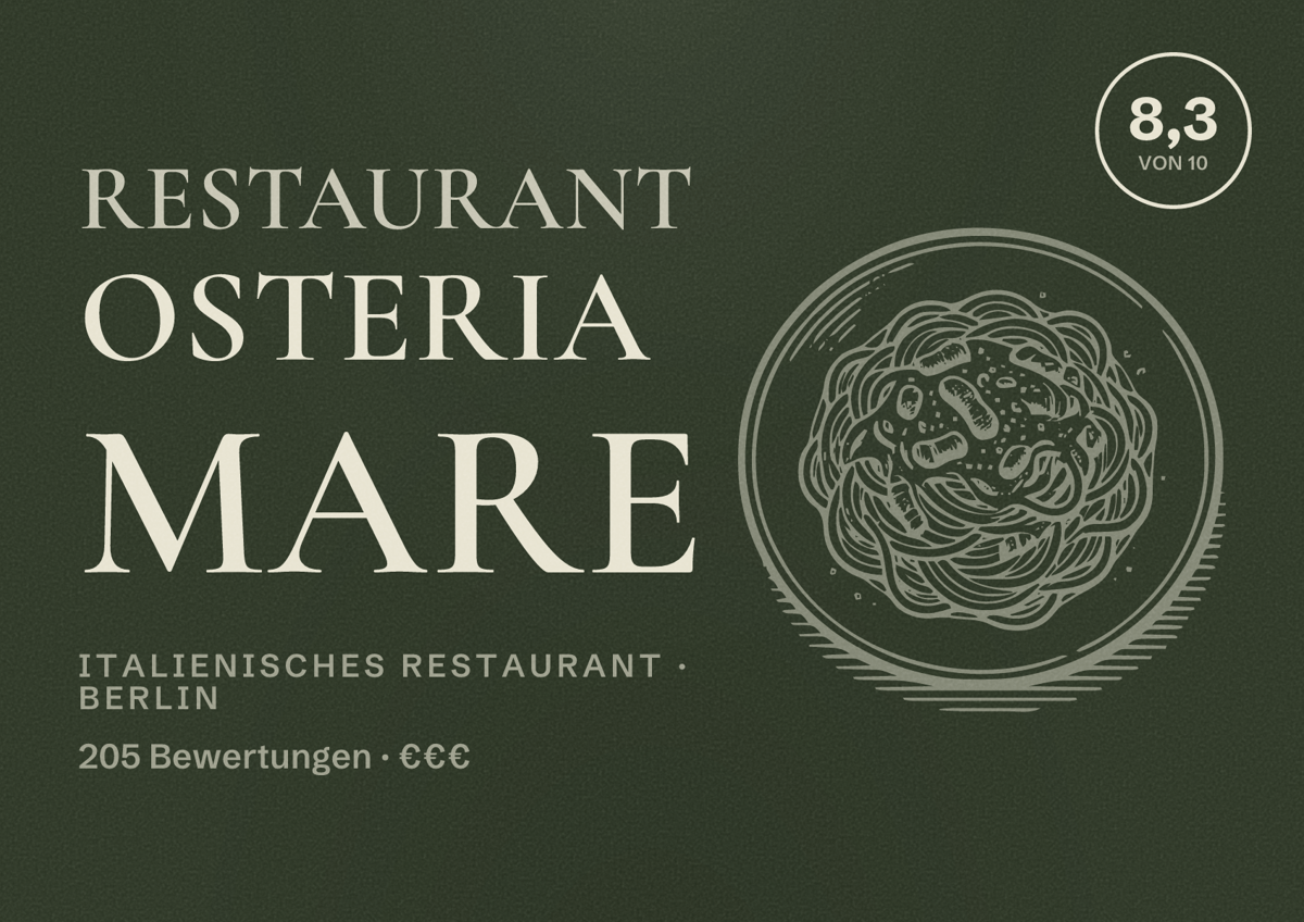 Illustriertes Poster von Restaurant Osteria Mare, Italienisches Restaurant in Berlin: Bewertung 8,3 von 10 aus 205 Bewertungen, Preisniveau €€€