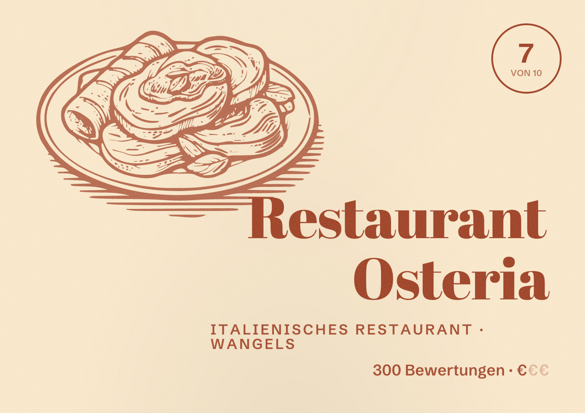 Illustriertes Poster von Restaurant Osteria, Italienisches Restaurant in Wangels: Bewertung 7 von 10 aus 300 Bewertungen, Preisniveau €