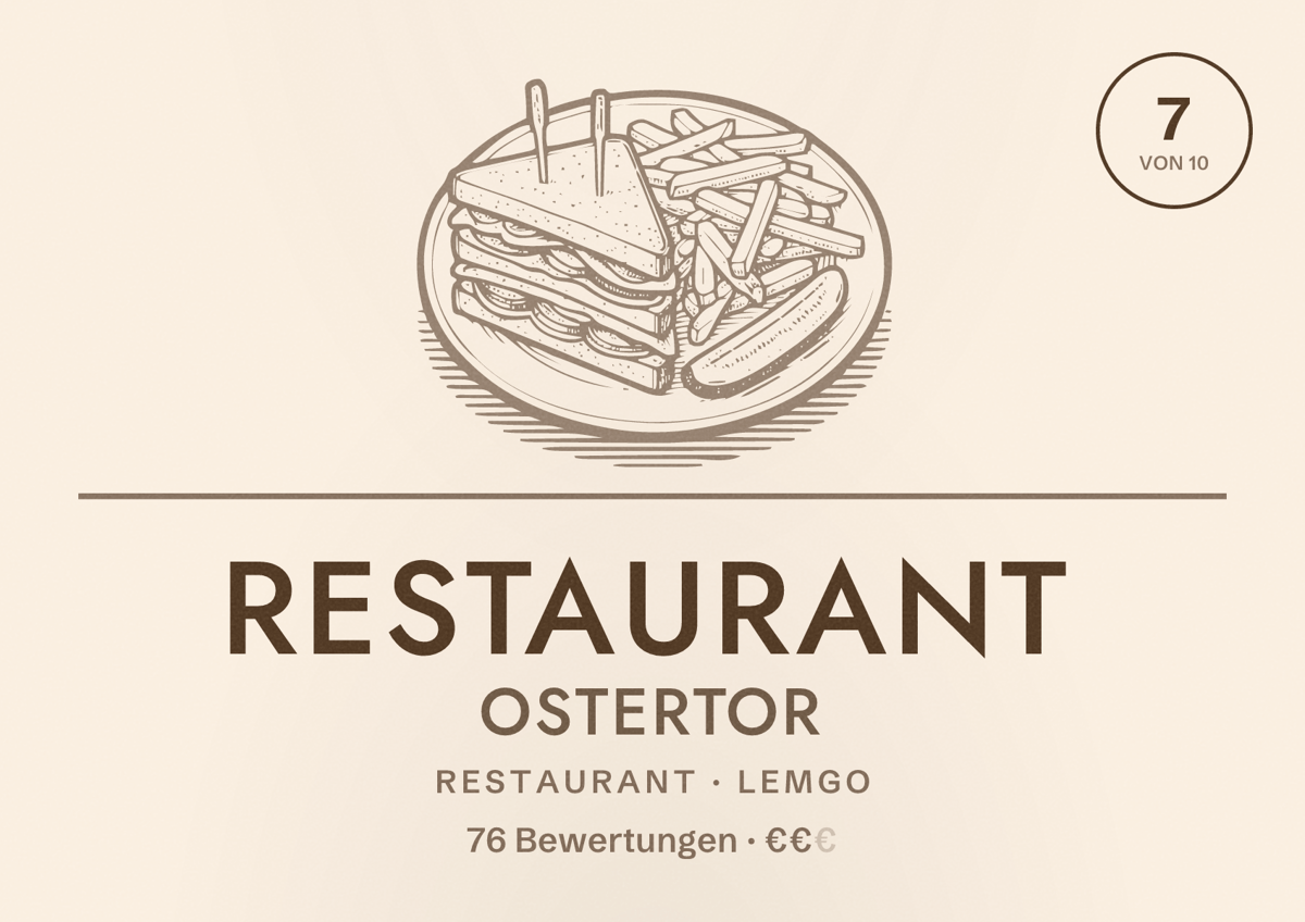 Illustriertes Poster von Restaurant Ostertor, Restaurant in Lemgo: Bewertung 7 von 10 aus 76 Bewertungen, Preisniveau €€