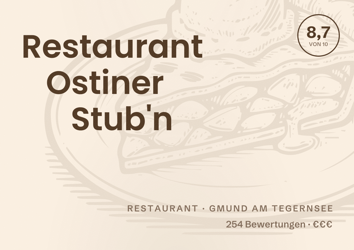 Illustriertes Poster von Restaurant Ostiner Stub'n, Restaurant in Gmund am Tegernsee: Bewertung 8,7 von 10 aus 254 Bewertungen, Preisniveau €€€