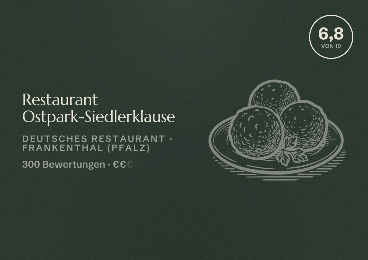 Illustriertes Poster von Restaurant Ostpark-Siedlerklause, Deutsches Restaurant in Frankenthal (Pfalz): Bewertung 6,8 von 10 aus 300 Bewertungen, Preisniveau €€