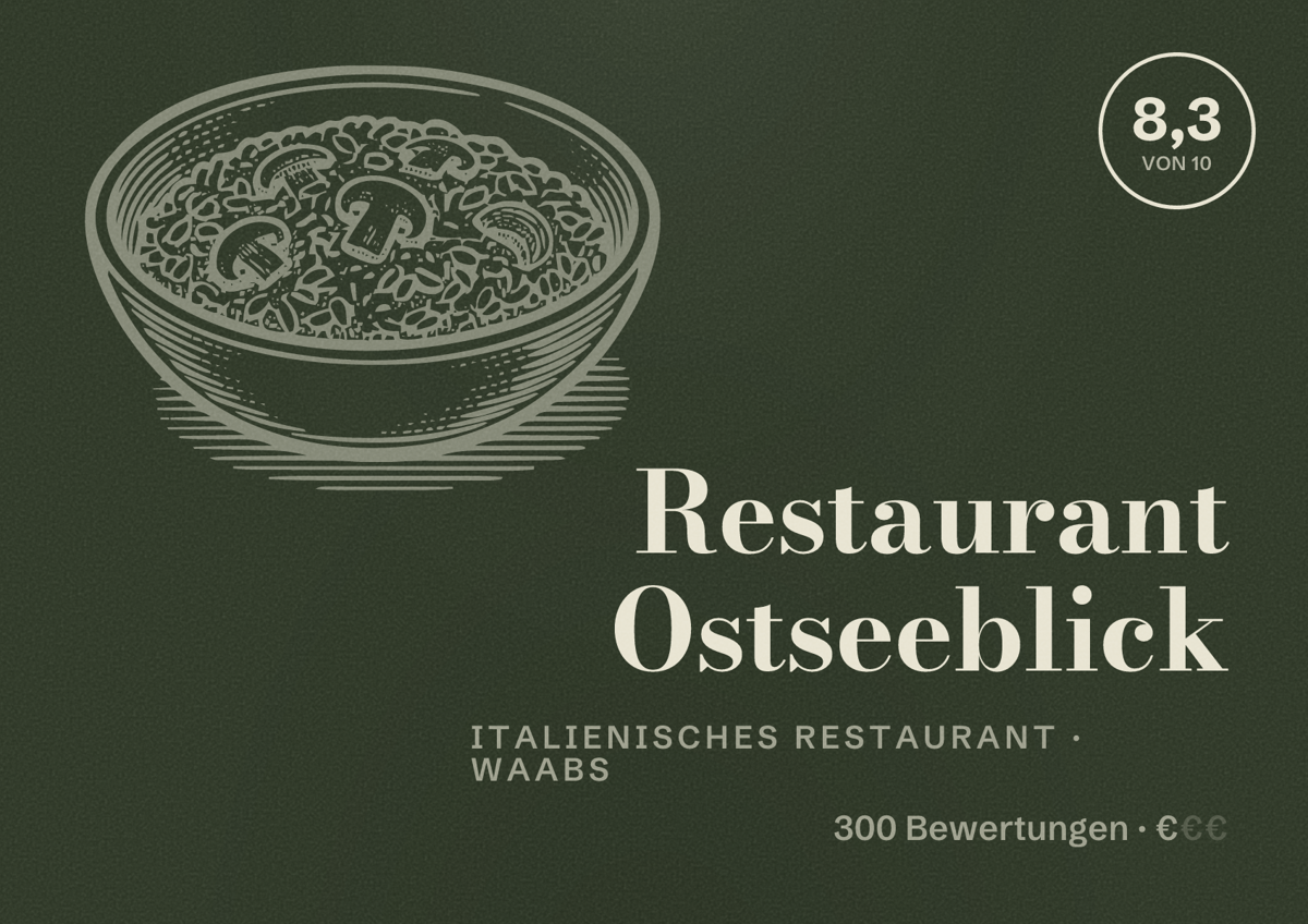 Illustriertes Poster von Restaurant Ostseeblick, Italienisches Restaurant in Waabs: Bewertung 8,3 von 10 aus 300 Bewertungen, Preisniveau €