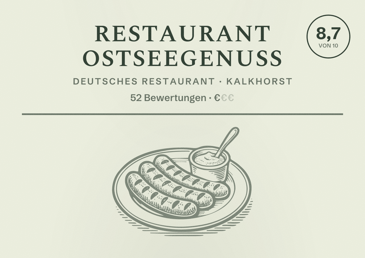 Illustriertes Poster von Restaurant OstseeGenuss, Deutsches Restaurant in Kalkhorst: Bewertung 8,7 von 10 aus 52 Bewertungen, Preisniveau €
