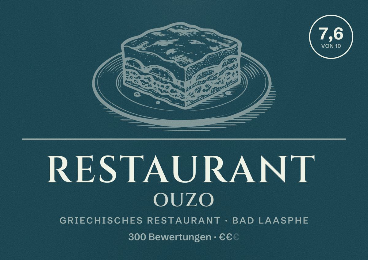 Illustriertes Poster von Restaurant Ouzo, Griechisches Restaurant in Bad Laasphe: Bewertung 7,6 von 10 aus 300 Bewertungen, Preisniveau €€