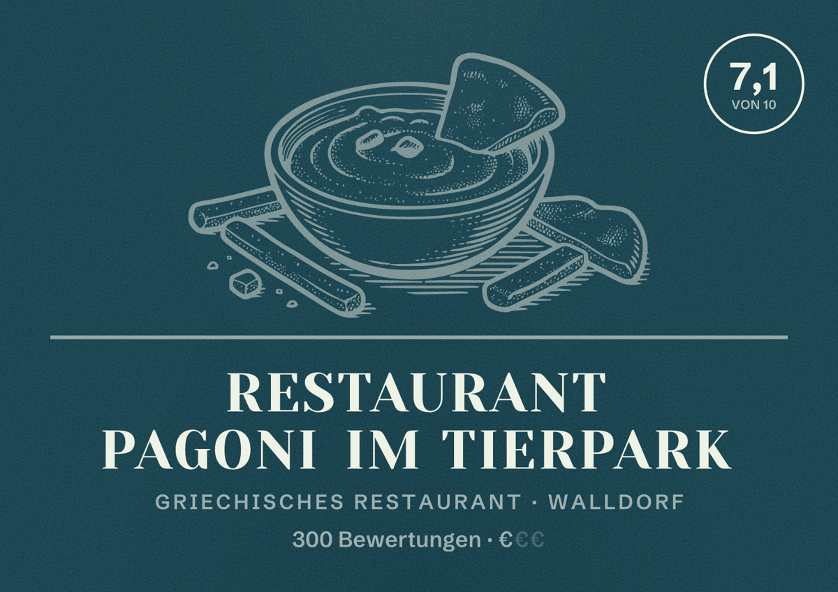Illustriertes Poster von Restaurant Pagoni im Tierpark, Griechisches Restaurant in Walldorf: Bewertung 7,1 von 10 aus 300 Bewertungen, Preisniveau €