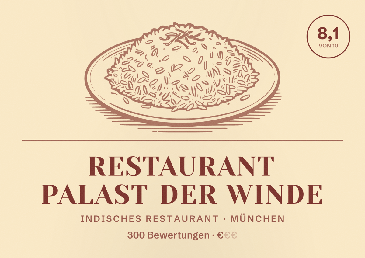 Illustriertes Poster von Restaurant Palast der Winde, Indisches Restaurant in München: Bewertung 8,1 von 10 aus 300 Bewertungen, Preisniveau €