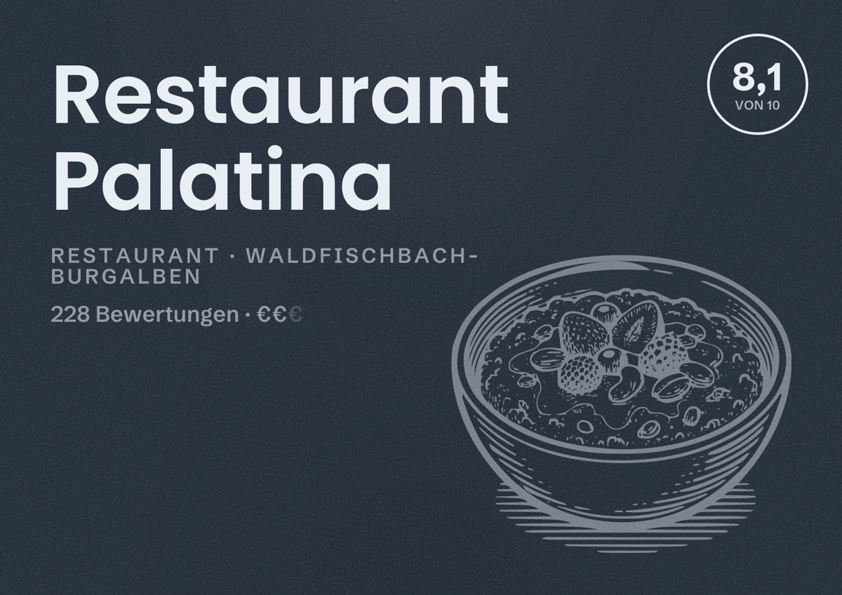 Illustriertes Poster von Restaurant Palatina, Restaurant in Waldfischbach-Burgalben: Bewertung 8,1 von 10 aus 228 Bewertungen, Preisniveau €€