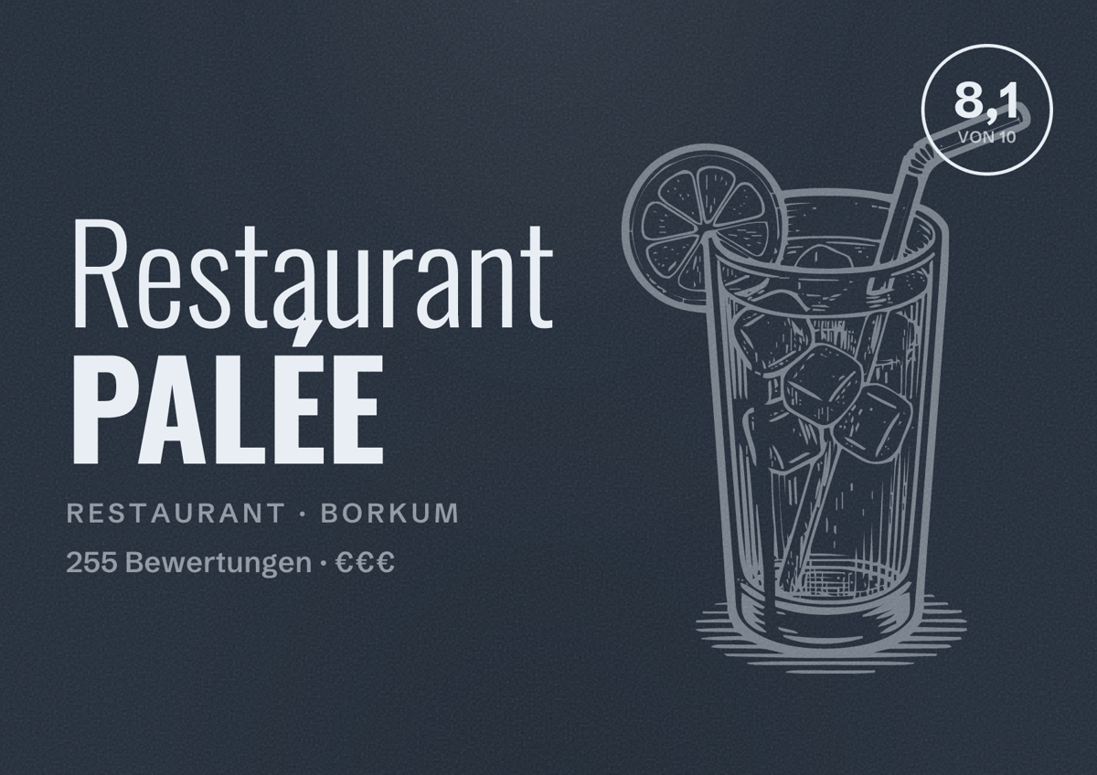 Illustriertes Poster von Restaurant PALÉE, Restaurant in Borkum: Bewertung 8,1 von 10 aus 255 Bewertungen, Preisniveau €€€