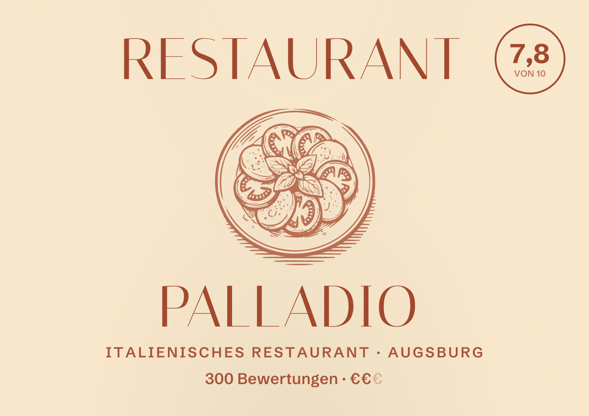 Illustriertes Poster von Restaurant Palladio, Italienisches Restaurant in Augsburg: Bewertung 7,8 von 10 aus 300 Bewertungen, Preisniveau €€
