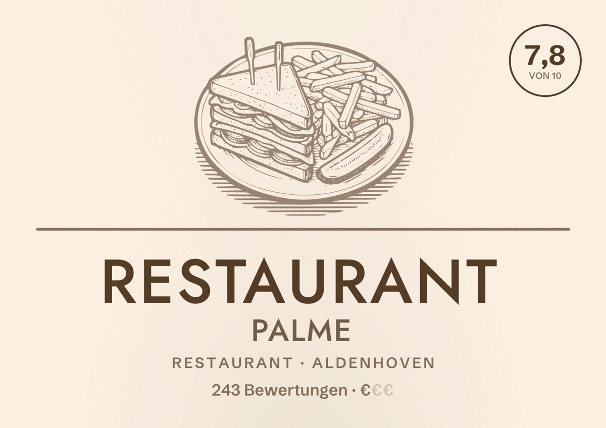 Illustriertes Poster von Restaurant Palme, Restaurant in Aldenhoven: Bewertung 7,8 von 10 aus 243 Bewertungen, Preisniveau €