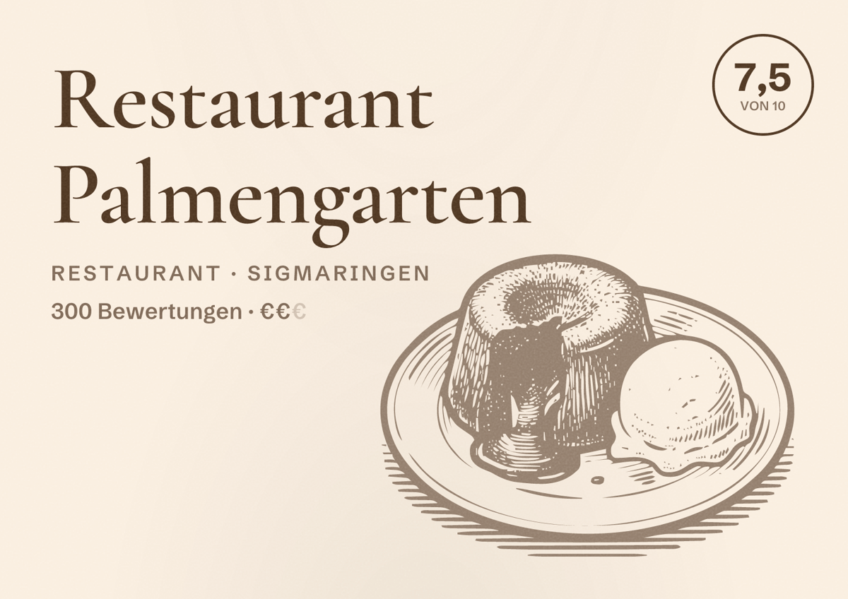 Illustriertes Poster von Restaurant Palmengarten, Restaurant in Sigmaringen: Bewertung 7,5 von 10 aus 300 Bewertungen, Preisniveau €€