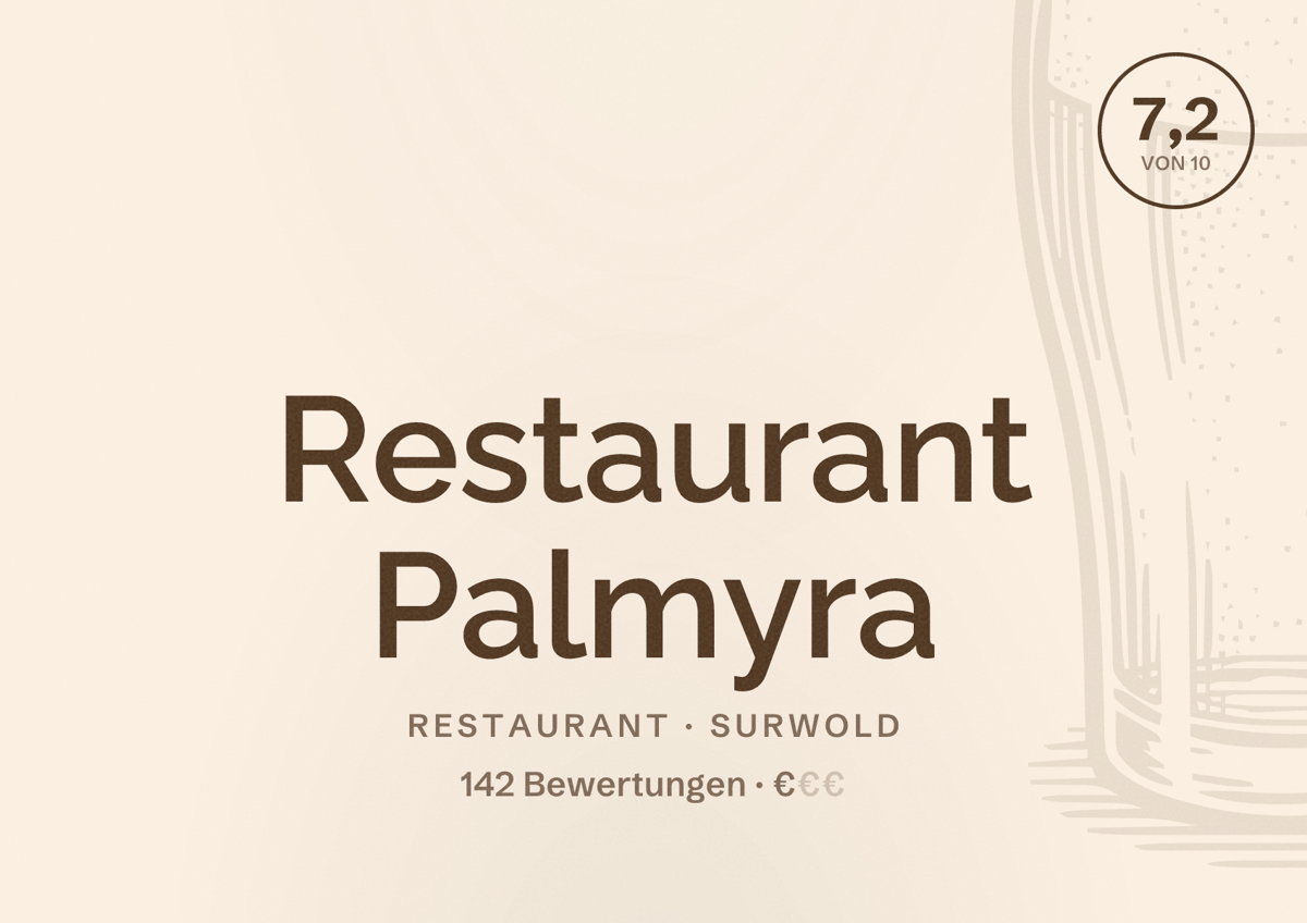 Illustriertes Poster von Restaurant Palmyra, Restaurant in Surwold: Bewertung 7,2 von 10 aus 142 Bewertungen, Preisniveau €