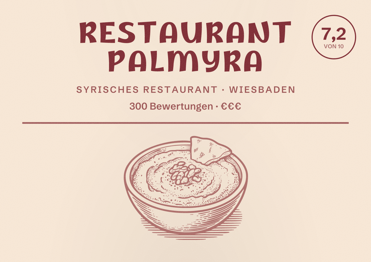 Illustriertes Poster von Restaurant Palmyra, Syrisches Restaurant in Wiesbaden: Bewertung 7,2 von 10 aus 300 Bewertungen, Preisniveau €€€