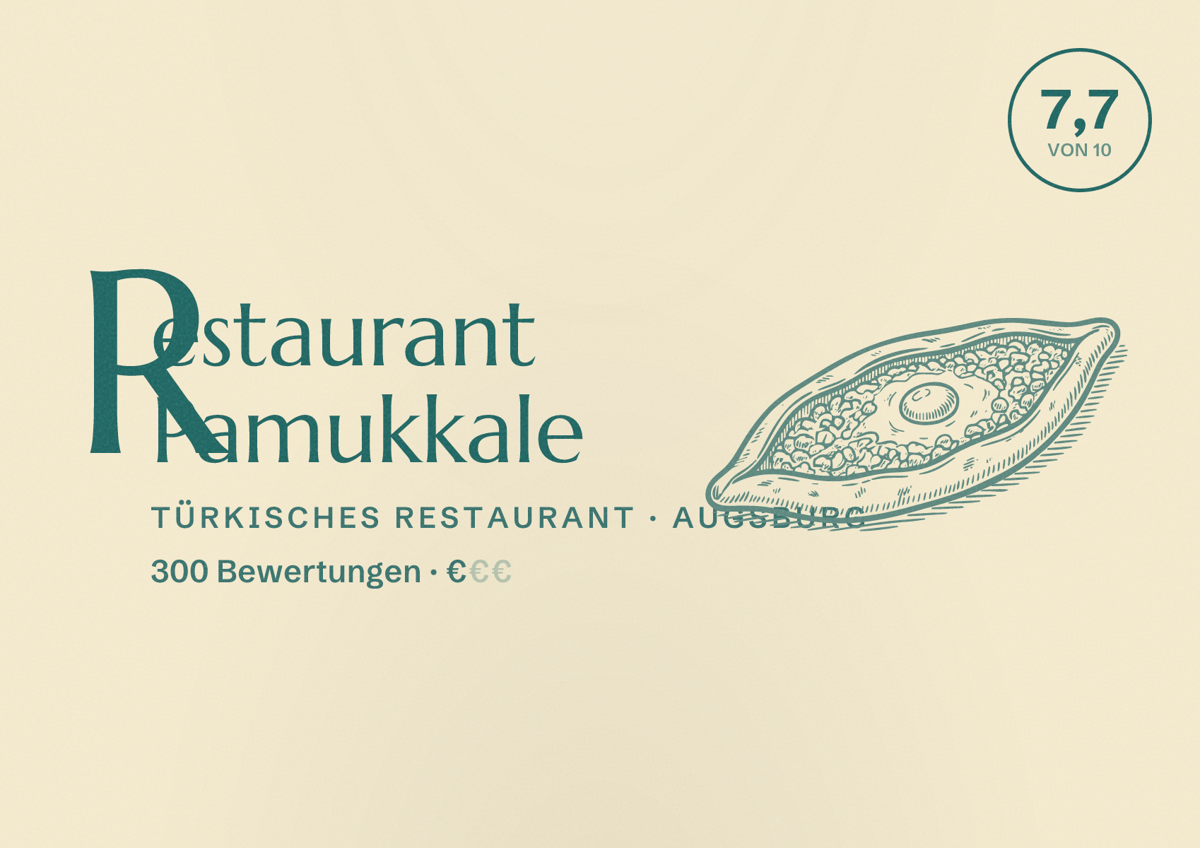 Illustriertes Poster von Restaurant Pamukkale, Türkisches Restaurant in Augsburg: Bewertung 7,7 von 10 aus 300 Bewertungen, Preisniveau €