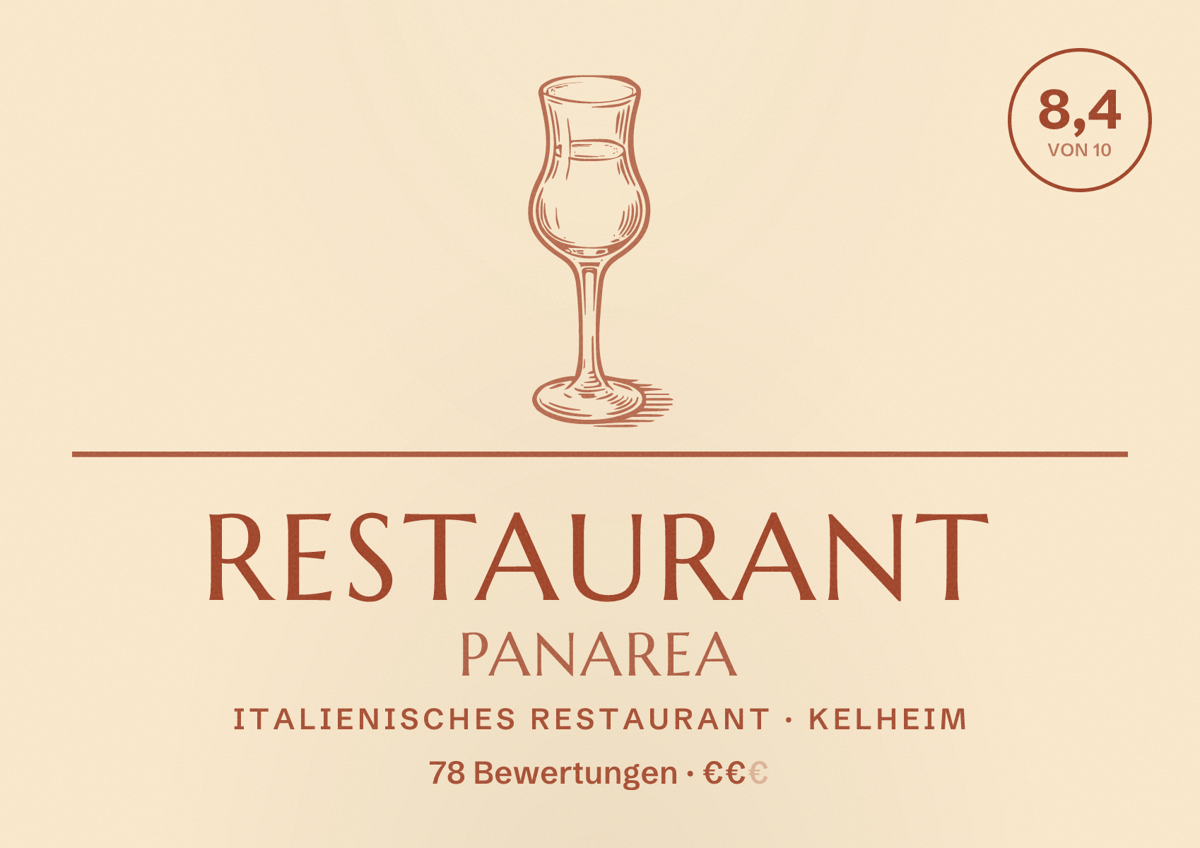 Illustriertes Poster von Restaurant Panarea, Italienisches Restaurant in Kelheim: Bewertung 8,4 von 10 aus 78 Bewertungen, Preisniveau €€